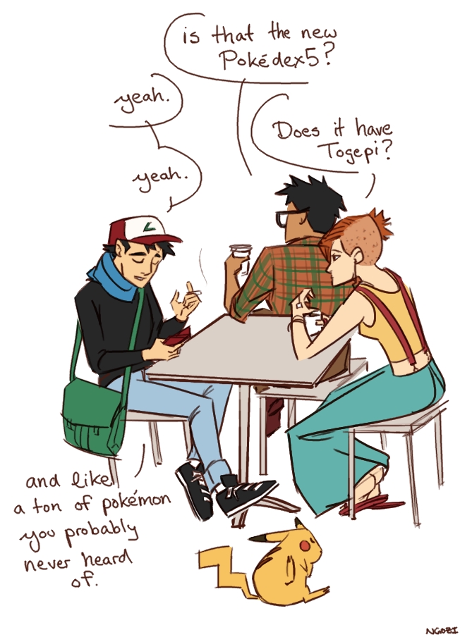 ash_ketchum brock cigarette clothed clothing coffee dialogue english_text female feral group hipster human male mammal misty ngozi nintendo older pikachu pok&eacute;dex pok&eacute;mon scarf text video_games