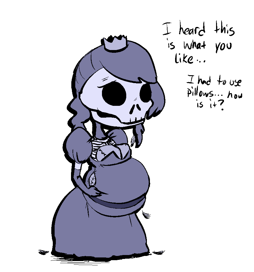 alpha_channel bone breasts chubby crown dress english_text feather female not_furry okiedokielowkey pillow princess royalty skeleton solo text towergirls undead
