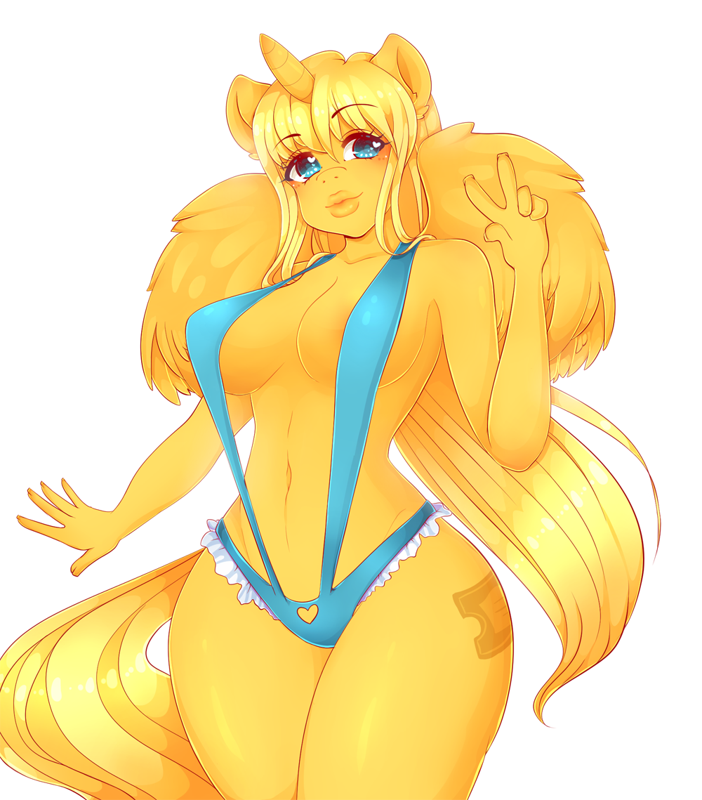 &lt;3 anthro big_breasts blonde_hair blue_eyes blush breasts clothing cutie_mark equine fan_character feathers female fur golden_ticket hair horn kurikko long_hair looking_at_viewer mammal my_little_pony nekocakeart sling smile solo standing swimsuit winged_unicorn wings yellow_fur