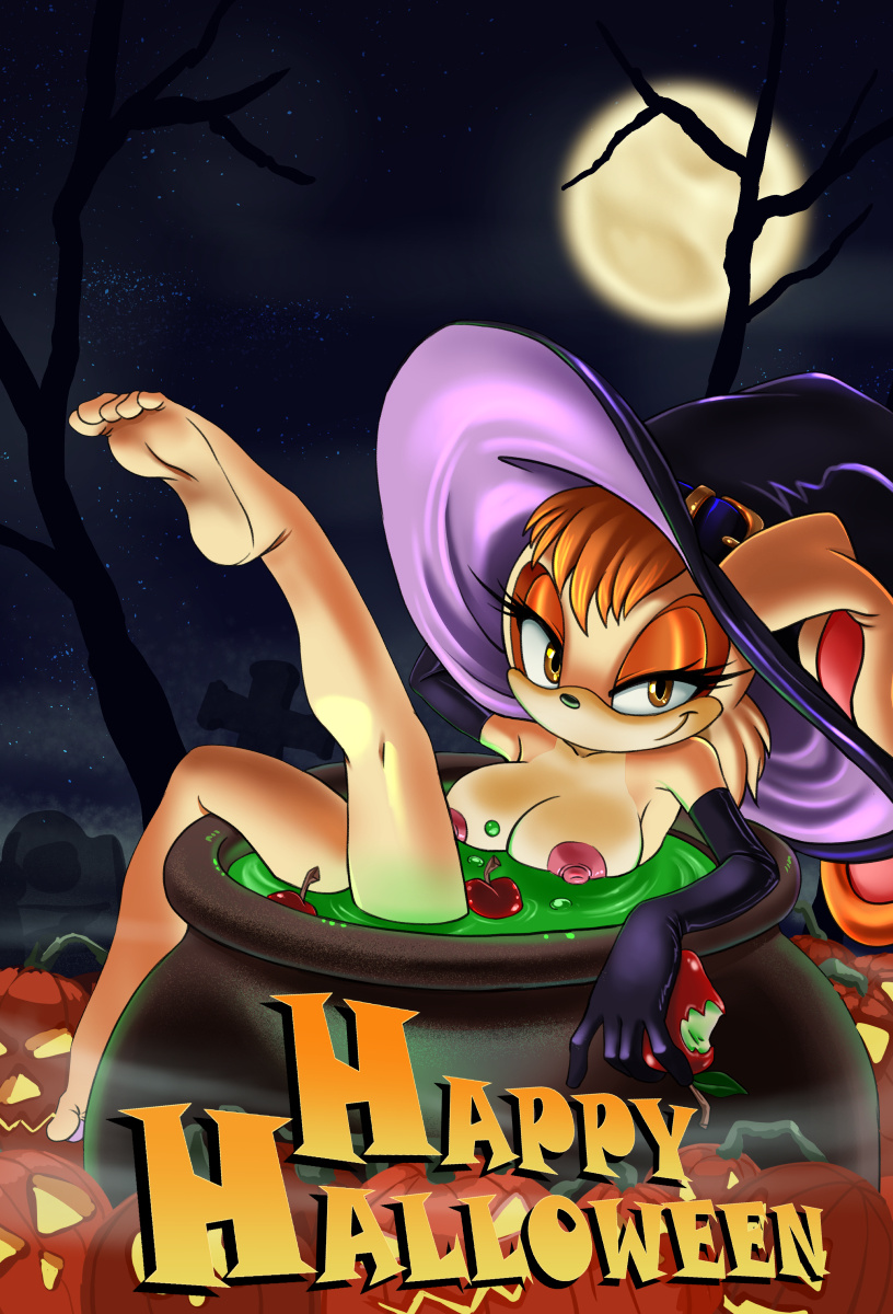 2014 anthro apple areola big_breasts breasts brown_eyes cauldron elbow_gloves english_text eyelashes female fruit gloves halloween hat holidays kandlin lagomorph long_ears looking_at_viewer mammal moon night nipples nude outside pumpkin rabbit sega solo sonic_(series) text vanilla_the_rabbit witch_hat