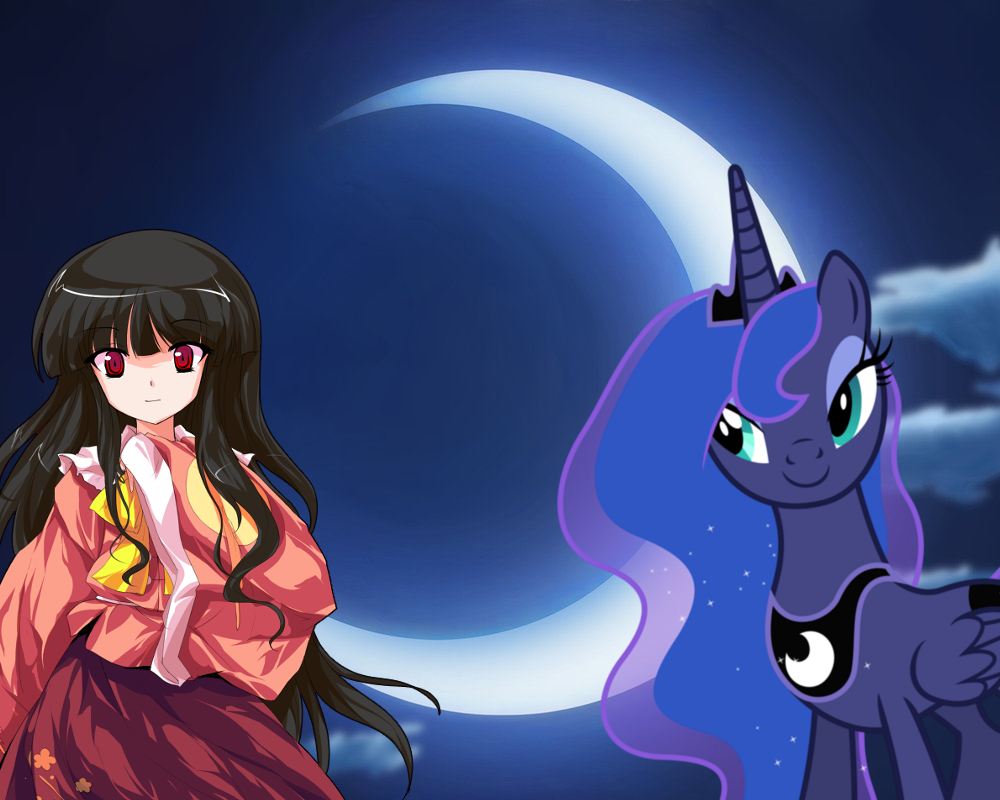 abstract_background black_hair blue_body blue_eyes blue_hair clothing cloud crossover duo equine female friendship_is_magic hair horn human kaguya_houraisan long_hair mammal moon my_little_pony princess_luna_(mlp) red_eyes royalty smile touhou winged_unicorn wings