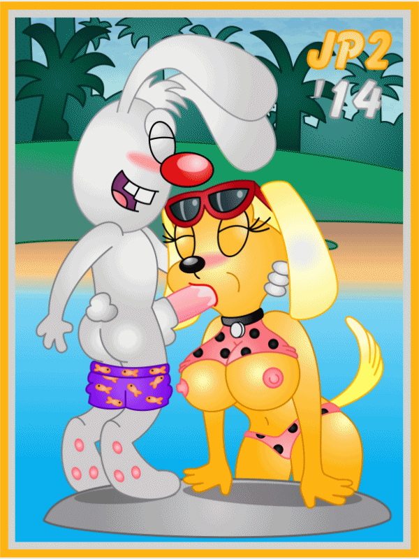 animated anthro big_breasts blush brandy_and_mr._whiskers brandy_harrington breasts canine cartoon clothed clothing dog duo female from_behind jaimeprecoz lagomorph male mammal mr._whiskers oral rabbit sex straight