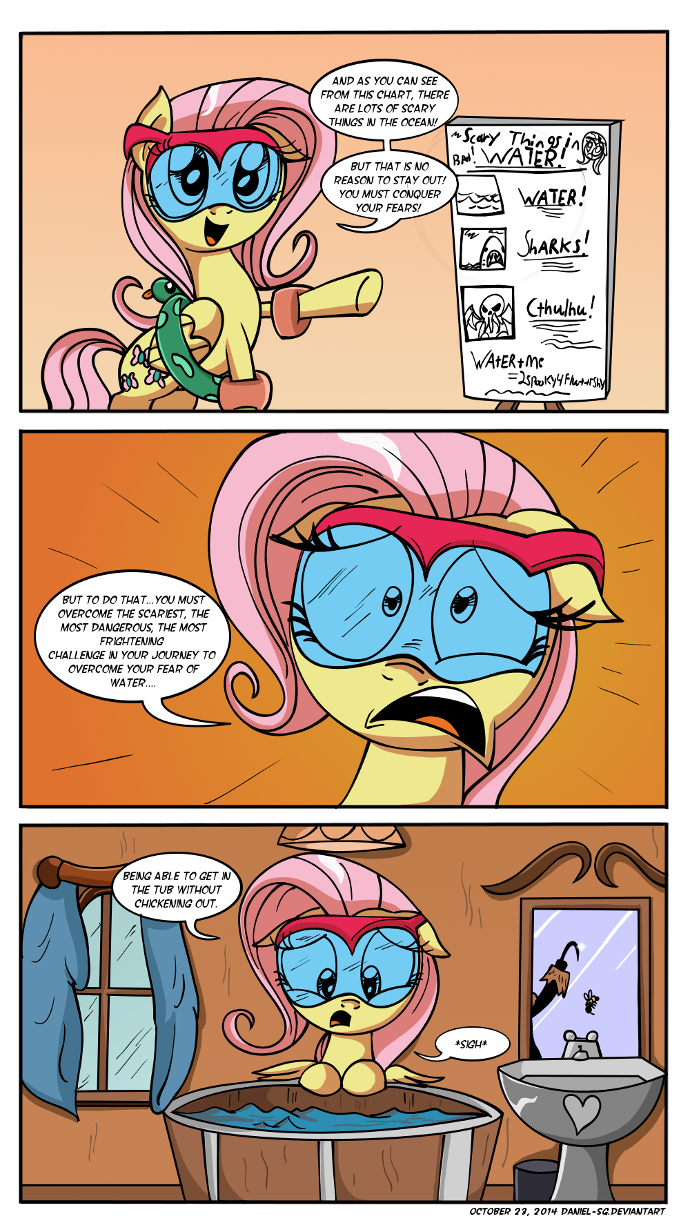 2014 arthropod bath comic curtains cutie_mark danielsplatter dialogue english_text equine eyewear female feral fluttershy_(mlp) friendship_is_magic goggles hair hook inflatable_ring insect looking_at_viewer mammal my_little_pony pegasus pink_hair sign sink text wasp water window wings