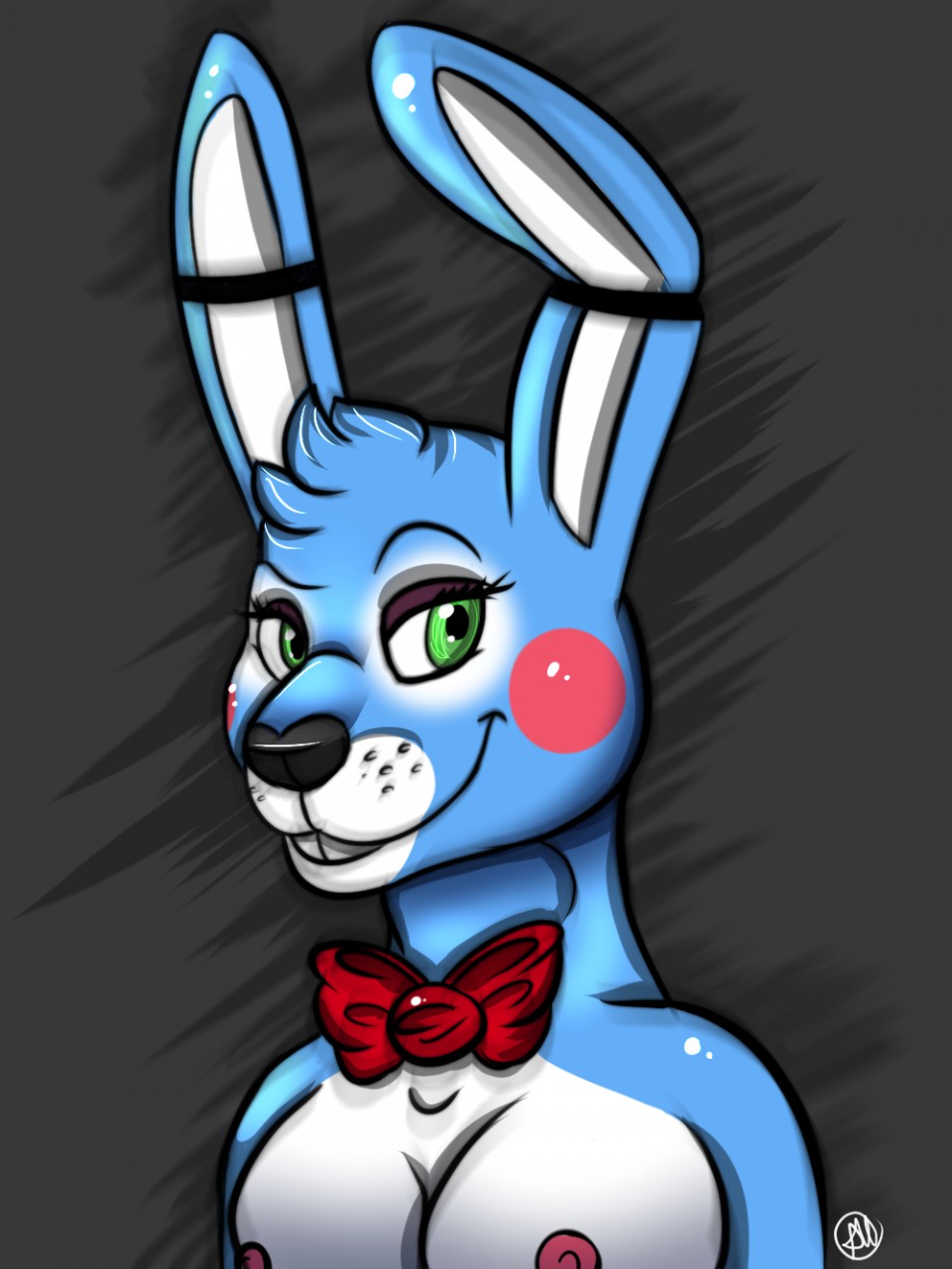 animatronic blush bow_tie breasts crossgender female five_nights_at_freddy's five_nights_at_freddy's_2 green_eyes knotty looking_at_viewer machine mechanical nipples robot solo toy_bonnie_(fnaf)