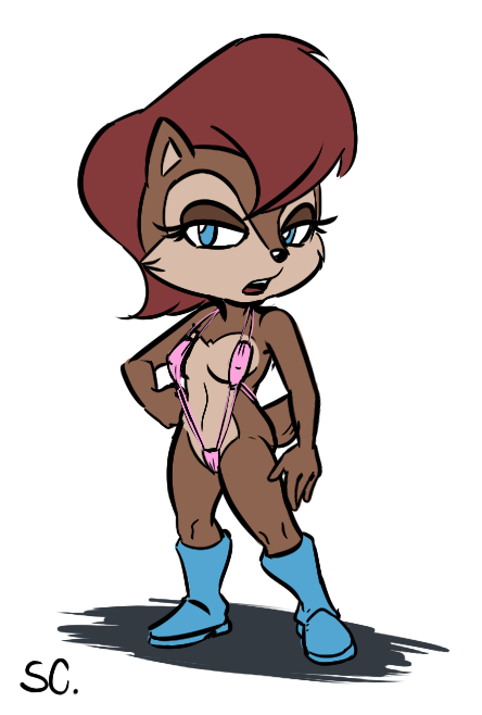 2014 anthro blue_eyes chipmunk clothed clothing female hair looking_at_viewer mammal red_hair rodent sally_acorn saltcore sega skimpy solo sonic_(series) swimsuit