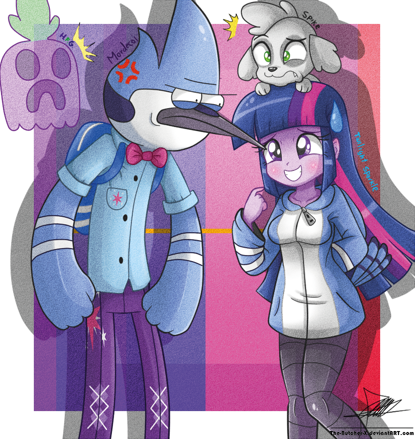 2014 angry annoyed avian backpack bag bird blue_jay breasts canine cartoon_network clothing crossover dog equestria_girls fangs female ghost green_eyes hair high-five_ghost hoodie human humanized male mammal mordecai_(regular_show) my_little_pony purple_eyes purple_hair regular_show spike_(eg) spirit standing sweat the-butch-x twilight_sparkle_(eg)