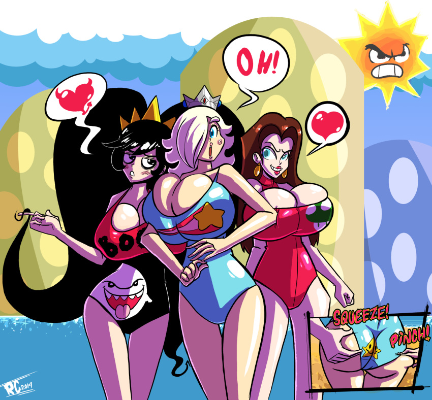 &lt;3 ashley_(warioware) big_breasts black_eyes black_hair blonde_hair blue_eyes boo_(mario_bros) breasts brown_hair butt butt_grab clothed clothing crown donkey_kong_(series) ear_piercing group hair hand_on_butt human long_hair male mammal mario_bros nintendo not_furry pauline pictographics piercing playing_with_hair princess rollingcutter_(artist) rosalina_(mario) royalty skimpy speech_bubble sun super_mario_galaxy swimsuit video_games warioware