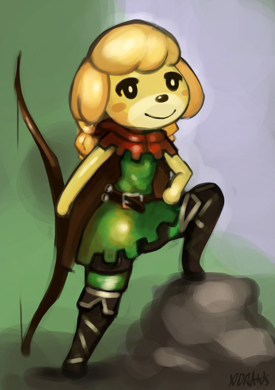 animal_crossing anthro blush bow_(weapon) canine dog dragon's_crown female isabelle_(animal_crossing) mammal nintendo ranged_weapon smile solo video_games weapon xdraws