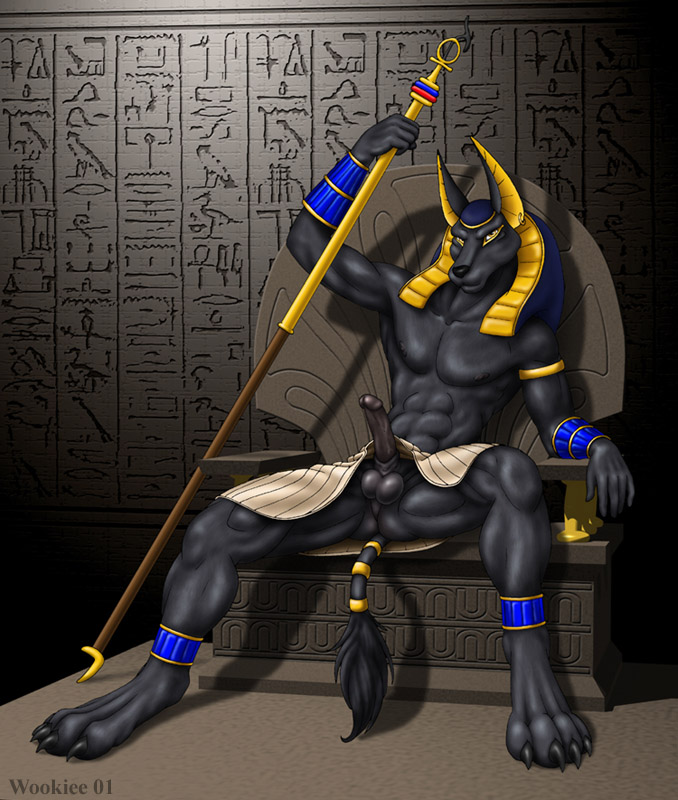 2001 4_toes 5_fingers abs anthro anubian_jackal anubis balls black_body black_nipples black_nose black_penis bracelet butt canine claws clothed clothing deity ear_piercing egyptian egyptian_mythology erection front fur half-dressed hat jackal jewelry leg_band looking_at_viewer male mammal muscles nipples pecs penis perineum piercing polearm presenting presenting_penis reclining sitting skirt skirt_lift solo spread_legs spreading staff tail_ring tail_tuft throne toe_claws toes topless tuft wookiee_(artist)