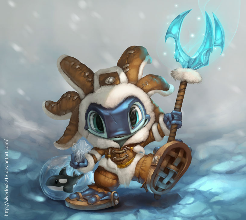 2014 ambiguous_gender anthro blue_body cetacean chibi feral fizz ice league_of_legends mammal marine orca outside polearm silverfox5213 snow staff video_games whale winter