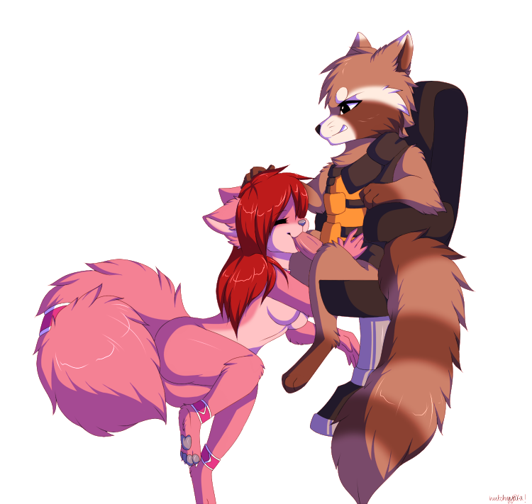 anklet anthro armor barstool breasts digitigrade duo feline fellatio female fur guardians_of_the_galaxy hair head_grab kittyflame male mammal marvel oral pawpads paws penis pink_fur plain_background raccoon red_hair ringed_tail rocket_raccoon sex straight tail_band white_background