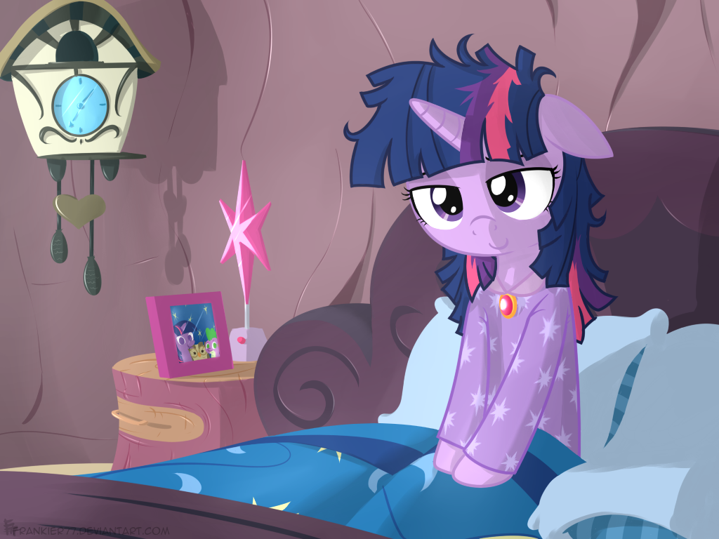 2013 avian awake bed bed_head bird clock dragon equine female frankier77 friendship_is_magic hair horn mammal messy_hair my_little_pony nightstand owl owlowiscious_(mlp) pajamas picture_frame pillow purple_eyes purple_hair solo spike_(mlp) twilight_sparkle_(mlp) unicorn