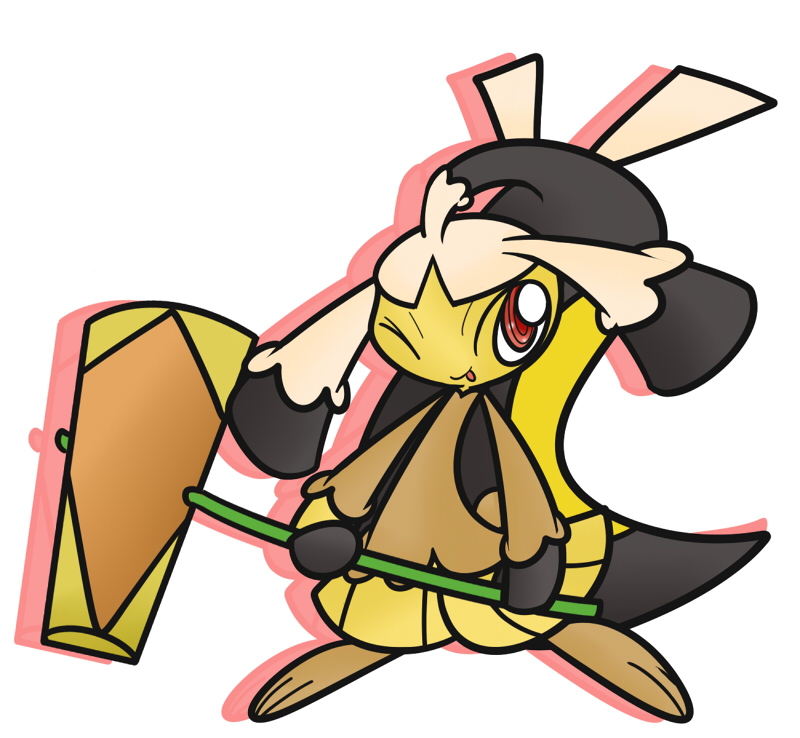 alternate_outfit ambiguous_gender black_hair concave_(artist) hair hammer mawile nintendo one_eye_closed plain_background pok&eacute;mon red_eyes smile solo tongue tools video_games wink