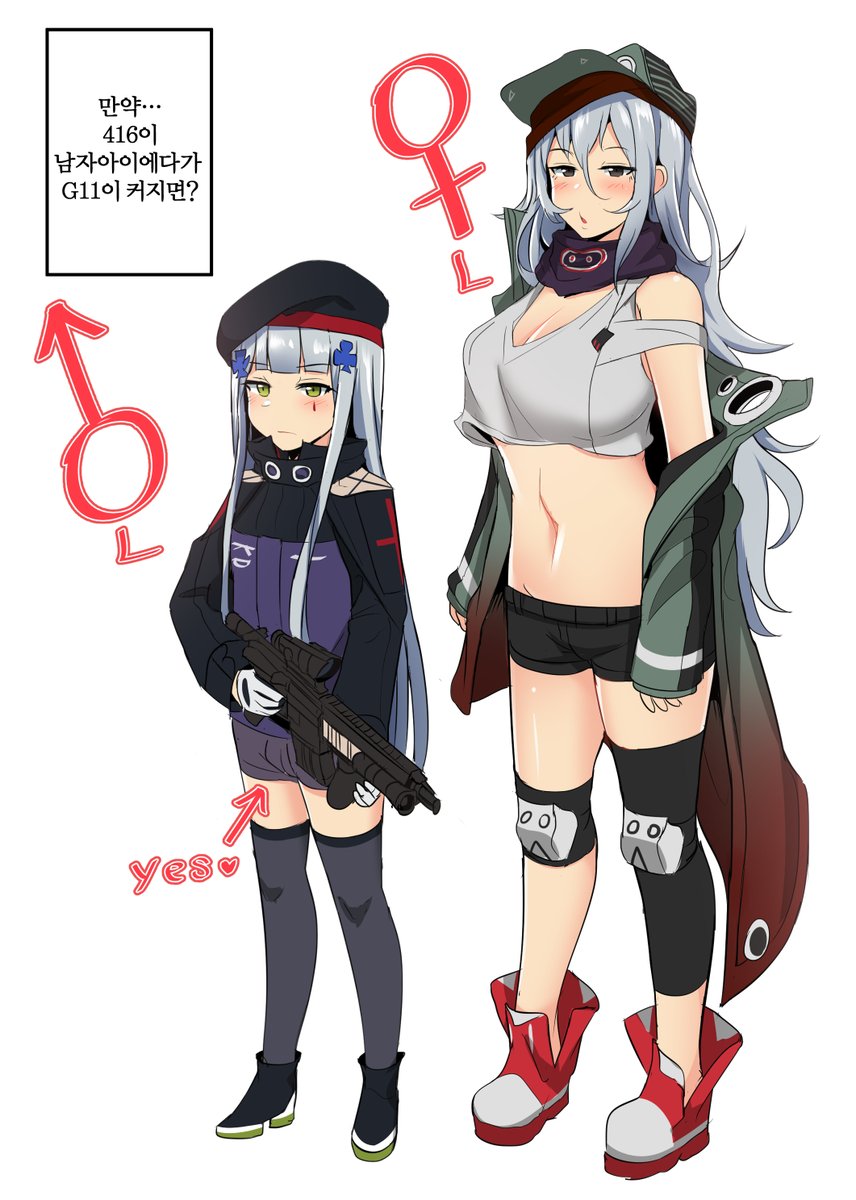 1girl assault_rifle beret black_legwear black_shorts blush breasts coat facial_mark g11_(girls_frontline) genderswap genderswap_(ftm) girls_frontline green_eyes green_jacket gun hair_between_eyes hair_ornament hat heckler_&amp;_koch highres hk416 hk416_(girls_frontline) holding holding_gun holding_weapon jacket knee_pads large_breasts long_hair long_sleeves messy_hair navel older open_clothes open_coat otoko_no_ko rifle shorts shoulder_cutout silver_hair simple_background standing thighhighs translation_request weapon white_background yellowseeds younger