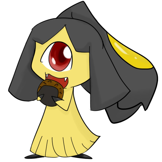 ambiguous_gender black_hair concave_(artist) cookie cyclops eating hair mawile nintendo open_mouth plain_background pok&eacute;mon red_eyes solo teeth video_games