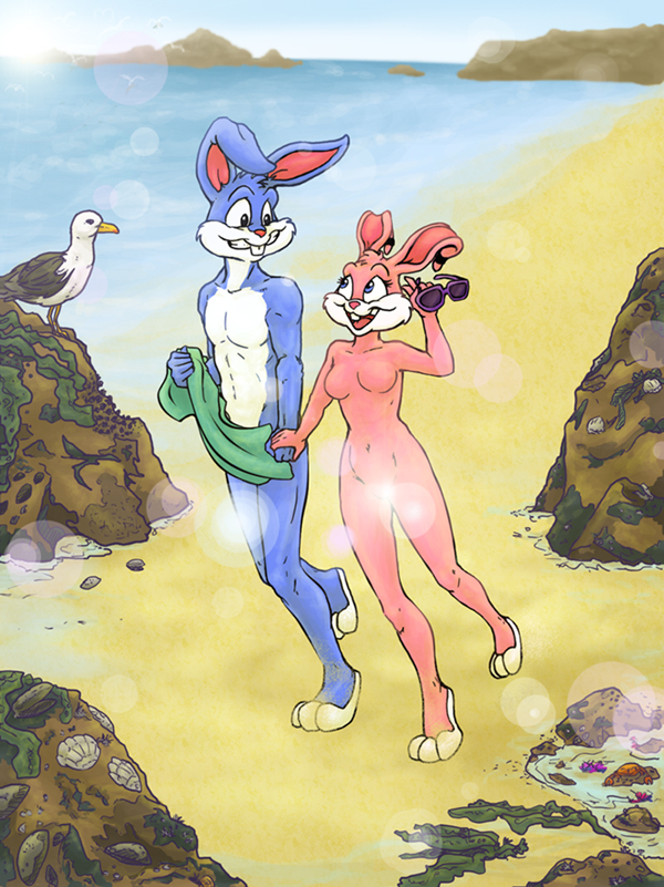 2014 anthro babs_bunny beach breasts buster_bunny censored couple covering duo farthingale female hand_holding lagomorph lens_flare male mammal nude nude_beach outside rabbit sand sea seaside smile straight sun tiny_toon_adventures tiny_toons towel warner_brothers water