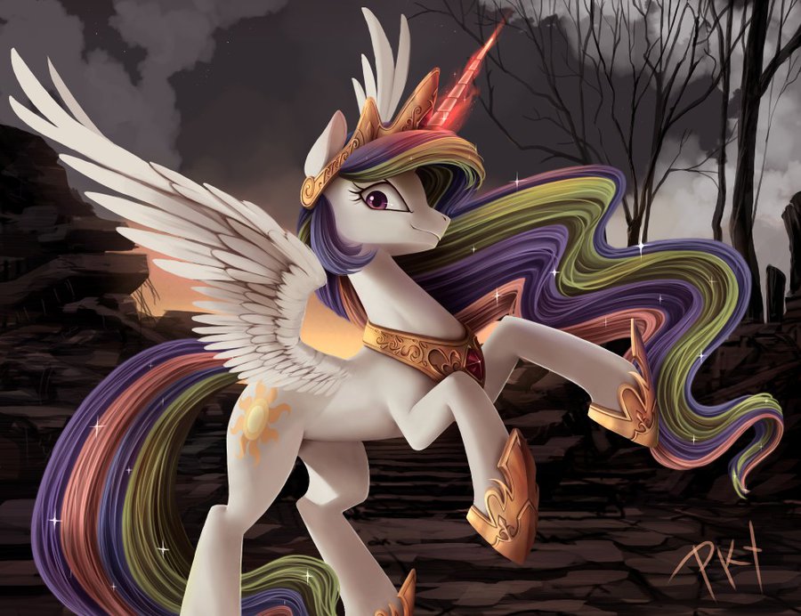 2014 cloud crown dead_tree equine evil_look female feral friendship_is_magic glowing gold hair horn looking_at_viewer magic mammal multicolored_hair my_little_pony necklace outside ponykillerx portrait princess_celestia_(mlp) purple_eyes sky solo sparkles star tree winged_unicorn wings