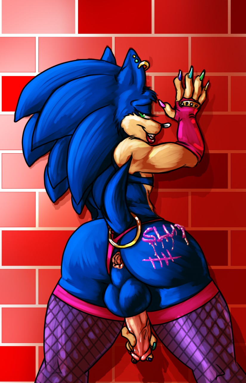 anthro anus balls big_butt body_writing butt clothing ear_piercing fingerless_gloves fishnet gaping gaping_anus girly gloves grin legwear lipstick looking_at_viewer looking_back male painted_nails penis piercing pyc rear_view sega slutty solo sonic_(series) sonic_the_hedgehog stockings thong wide_hips