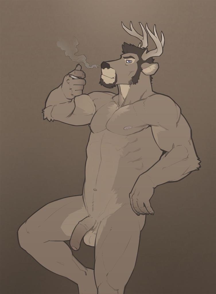 anthro antlers balls biceps big_muscles big_penis black_nose bottomless bubba_varmint cervine clothed clothing deer facial_hair flaccid goatee half-dressed horn looking_at_viewer male mammal medial_ring muscles nipples nude pecs penis smoking solo superslickslasher unaroused uncut