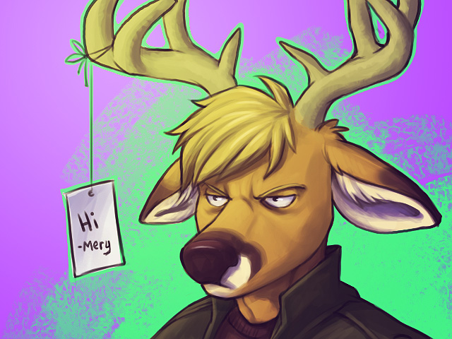 2014 4:3 angry anthro antlers blonde_hair cervine clothing deer faradin hair horn jacket lol_comments male mammal merystic note rhinarium solo
