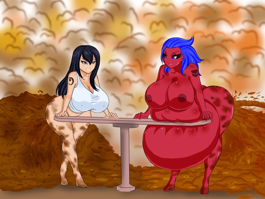 anthro big_belly black_hair blue_eyes blue_hair breasts butt duo feces female hair hyper hyper_feces nipples nude red_skin scat