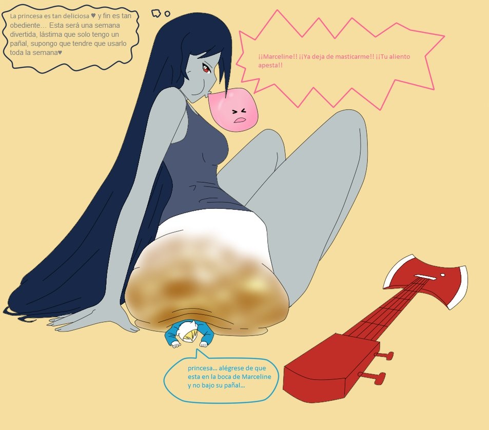 adventure_time big_breasts black_hair blonde_hair breasts clothed clothing diaper feces female finn_the_human giant grey_skin group hair human humanoid hyper long_hair macro male mammal marceline messy_diaper neko7chan open_mouth pooping princess_bubblegum red_eyes scat size_difference text vampire