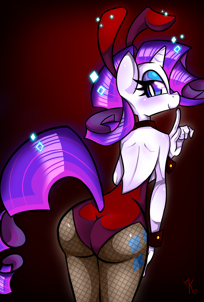 2014 animal_ears anthro blue_eyes butt clothing cutie_mark equine fake_ears female friendship_is_magic hair horn kaliptro2 legwear makeup mammal my_little_pony playboy_bunny purple_hair rabbit_ears rarity_(mlp) smile solo sparkles stockings unicorn