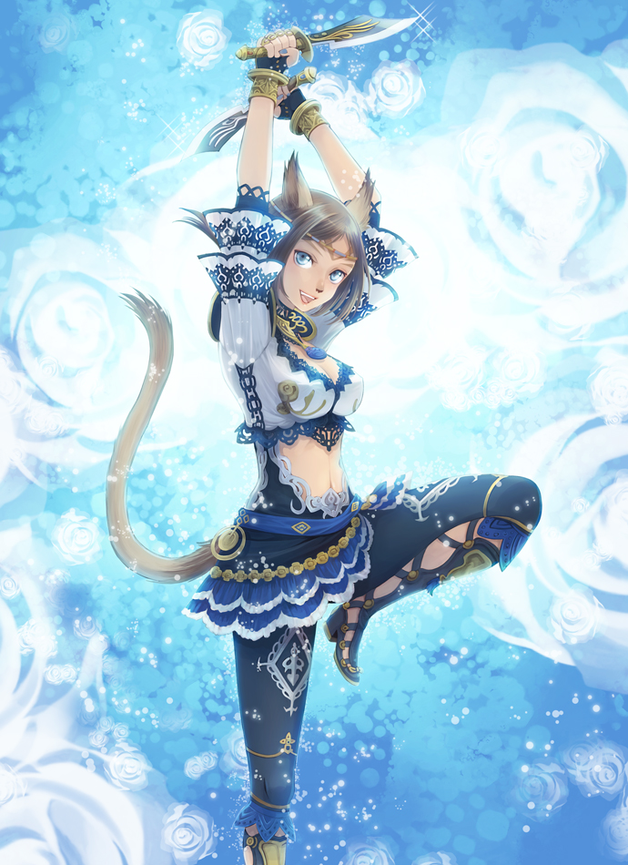 :d animal_ears blue_eyes blue_nails boots bracelet breasts brown_hair cat_ears cat_tail cleavage dancer dual_wielding final_fantasy final_fantasy_xi gloves high_heels holding jewelry knife leg_lift medium_breasts midriff mithra nail_polish navel necklace open_mouth shoes short_hair skirt smile solo tail takatsuki_kahiro weapon