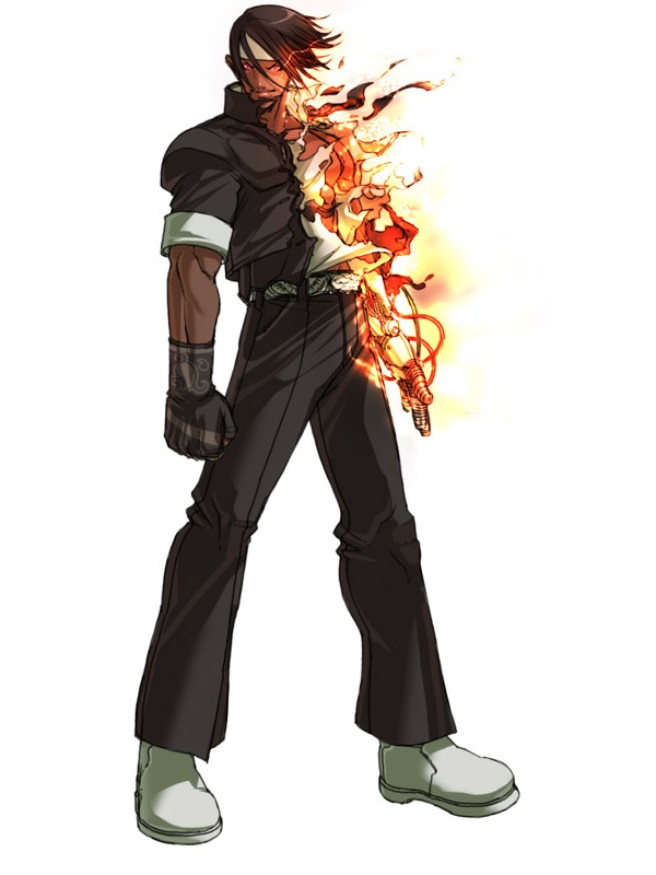black_hair cable cyborg dark_skin dark_skinned_male falcoon fire gloves glowing glowing_eyes kusanagi_(clone) male_focus mechanical_arm official_art red_eyes robot_joints solo the_king_of_fighters uniform