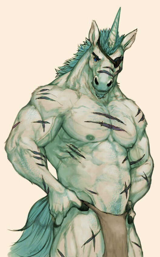 abs anthro areola beard biceps big_muscles blue_eyes blue_hair blue_tail clothed clothing equine eye_patch eyewear facial_hair front fur hair half-dressed hands_on_hips horn inorog loincloth male mammal mane muscles nipples pecs plain_background pockyrumz pose scar solo standing toned topless unicorn vein white_fur