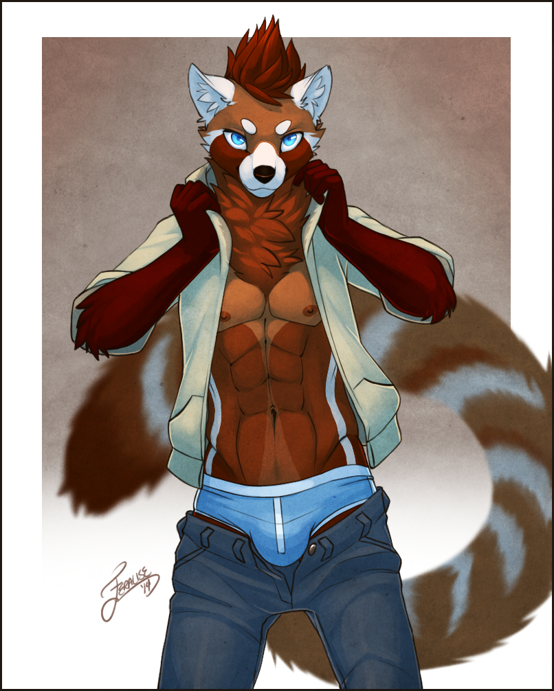 2014 abs anthro blue_eyes brandon briefs brown_fur brown_hair brown_nipples brown_nose bulge chest_tuft clothing feralise front fur hair jeans looking_at_viewer male mammal muscles navel nipples open_shirt pants pants_down partially_clothed pecs pose red_fur red_panda shirt solo standing tan_fur toned tuft underwear white_fur