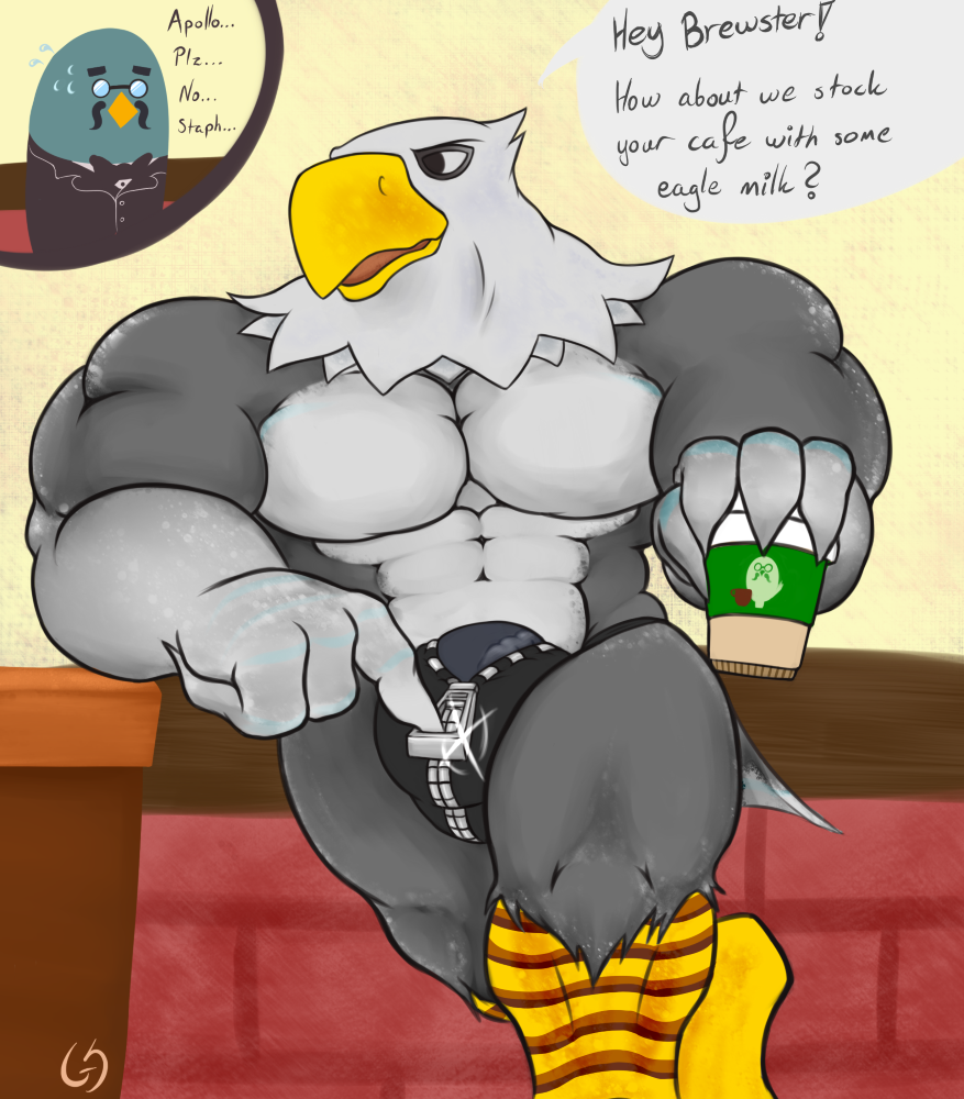 abs animal_crossing anthro apollo_(animal_crossing) avian beak biceps big_muscles bird bow_tie bulge clothing coffee dialogue eagle eyewear facial_hair front glasses gs hyper hyper_muscles male muscles mustache nintendo pecs penis pose standing suit teasing text thong undressing video_games zipper