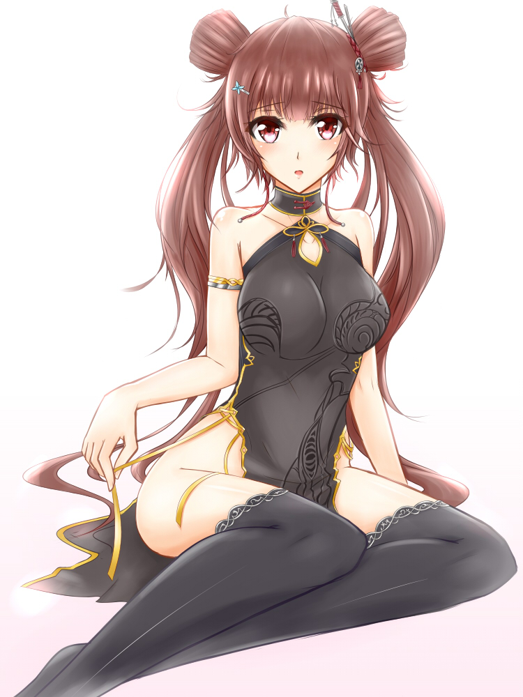 :o armlet bare_shoulders blush brown_eyes brown_hair chinese_clothes collarbone double_bun dress dungeon_and_fighter fighter_(dungeon_and_fighter) geckolion hair_ornament hairclip looking_at_viewer nen_master_(dungeon_and_fighter) parted_lips simple_background sitting sleeveless sleeveless_dress thighhighs twintails untied white_background yokozuwari