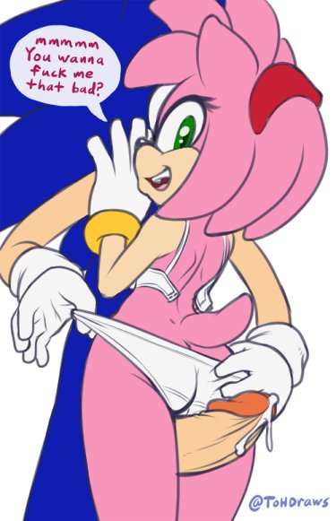 amy_rose blue_fur bra bracelet butt butt_grab clothing cum cum_on_penis duo eulipotyphlan female fur gloves green_eyes hairband hand_on_butt hedgehog jewelry male mammal panties penis pink_fur sex smile sonic_(series) sonic_the_hedgehog speech_bubble the_other_half thigh_sex underwear undressing