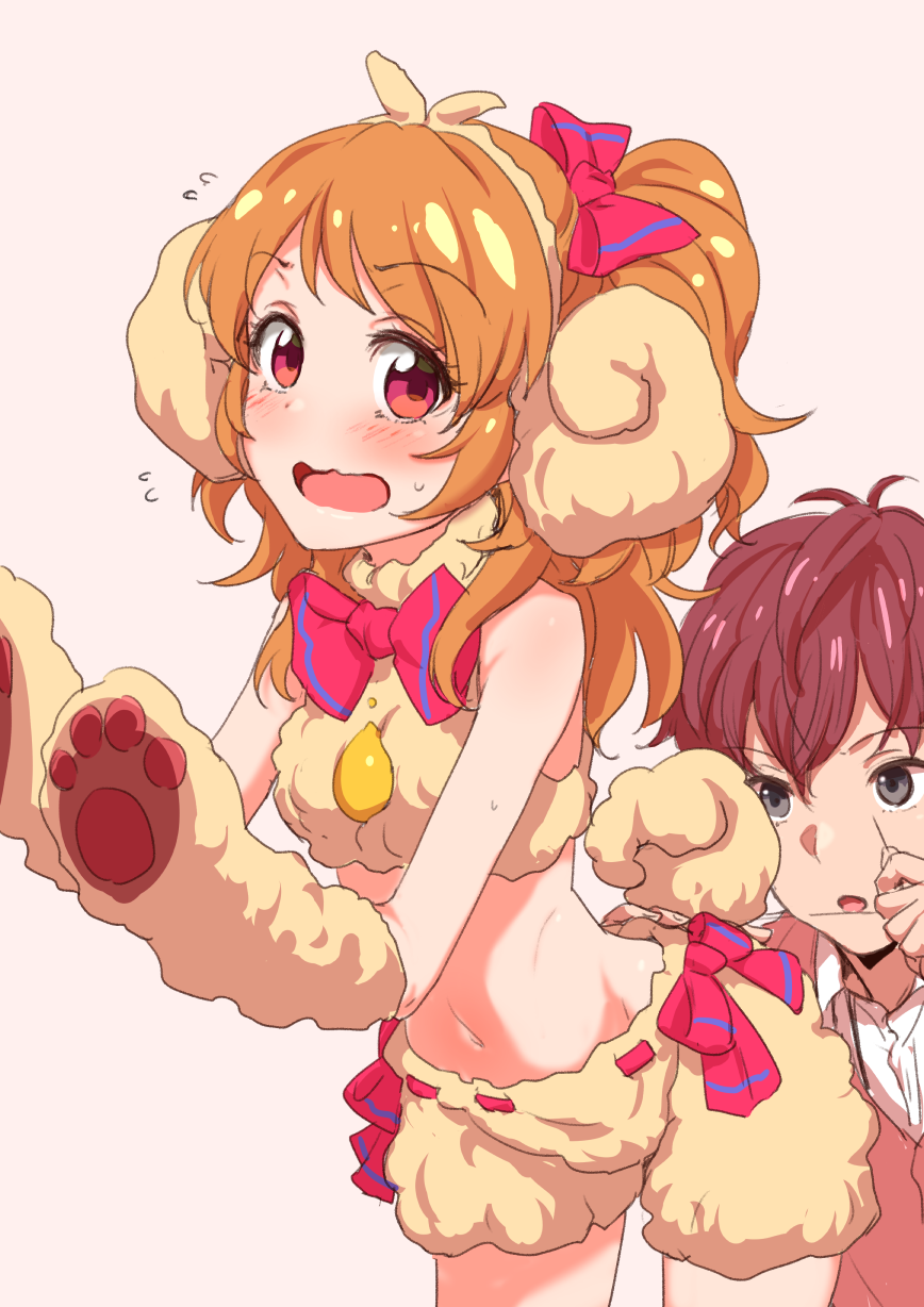 1girl aikatsu! aikatsu!_(series) animal_costume blush brown_hair clearite flying_sweatdrops grey_eyes highres holding_needle long_hair looking_at_viewer needle one_side_up oozora_akari open_mouth red_eyes red_hair ribbon-trimmed_clothes ribbon_trim sena_tsubasa sewing sheep_costume short_hair side_ponytail sweatdrop wavy_mouth