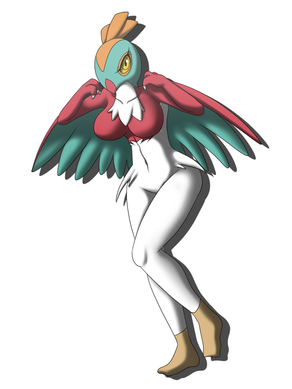 2014 anthro big_breasts breasts claws feathers female green_feathers hawlucha latiar looking_at_viewer navel nintendo nude plain_background pok&eacute;mon pok&eacute;morph red_feathers video_games white_feathers wide_hips wings yellow_eyes yellow_sclera