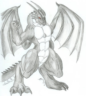 abs at cloth dragon grin hair looking male mohawk muscles scales viewer