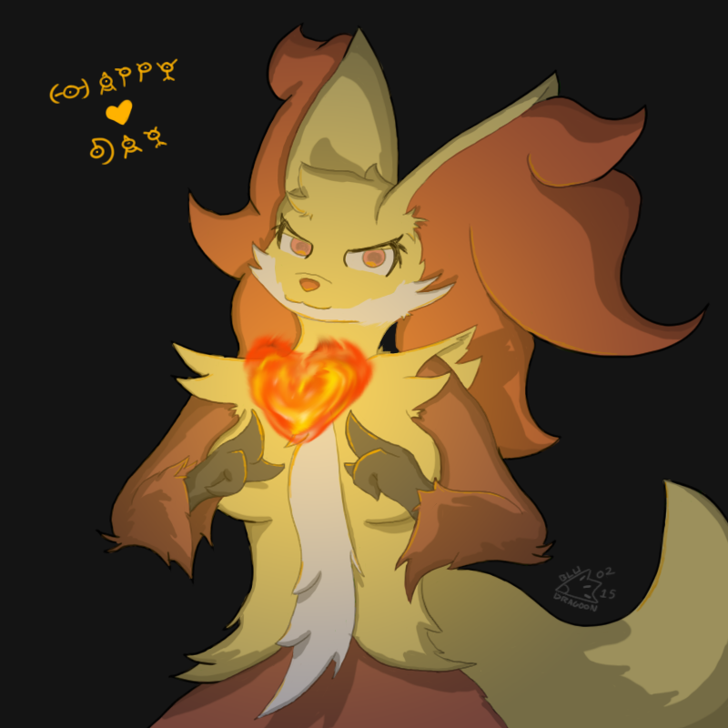 &lt;3 anthro bludragoon breasts chest_tuft delphox female fire fur holidays inner_ear_fluff looking_at_viewer magic nintendo pok&eacute;mon tuft unown valentine's_day video_games wide_hips