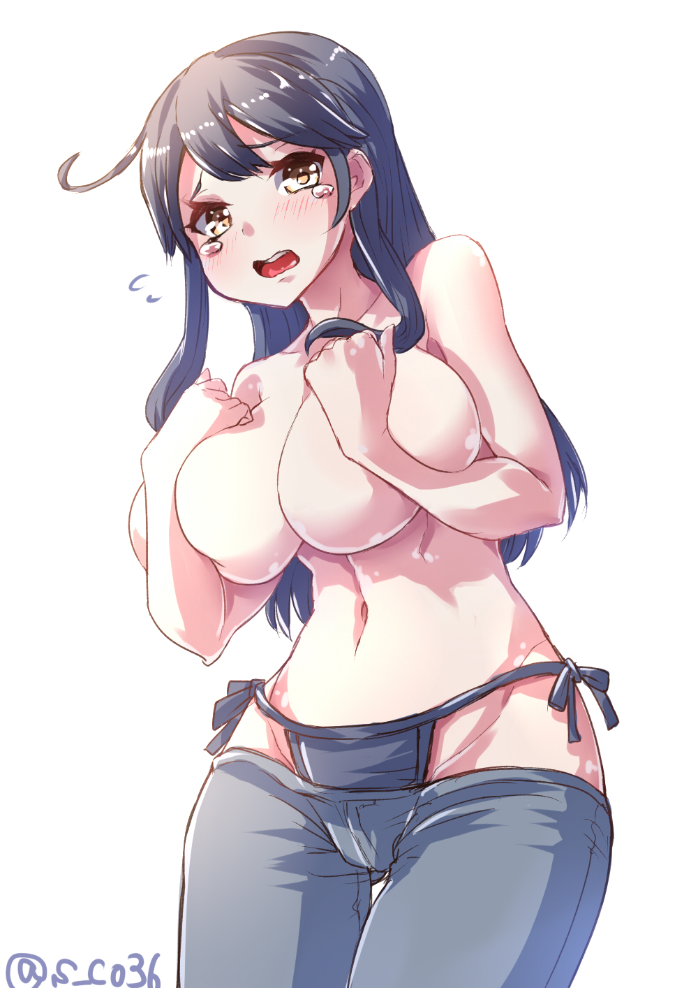bikini_jeans black_hair blush breasts combat_s-ko covering covering_breasts cowboy_shot denim embarrassed highres huge_breasts jeans kantai_collection long_hair looking_at_viewer lowleg lowleg_pants meme_attire open_mouth pants solo tears thigh_gap topless ushio_(kantai_collection) white_background yellow_eyes