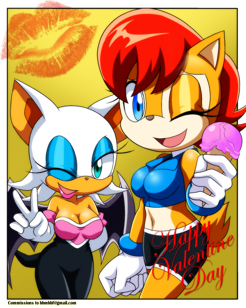 2015 anthro bat bbmbbf chipmunk female holidays mammal rodent rouge_the_bat sally_acorn sega smile sonic_(series) valentine's_day wings