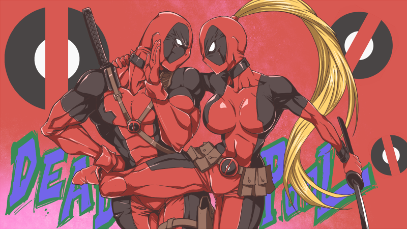 1girl abs blonde_hair bodysuit breasts character_name collarbone deadpool holding holding_sword holding_weapon katana lady_deadpool large_breasts long_hair marvel mask muscle pouch superhero sword very_long_hair weapon yuto_(dialique)