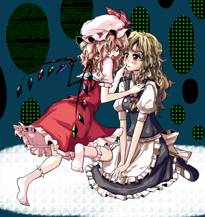 blonde_hair braid error feet flandre_scarlet hat kirisame_marisa long_hair multiple_girls no_hat no_headwear red_eyes sai_koro short_hair touhou wings