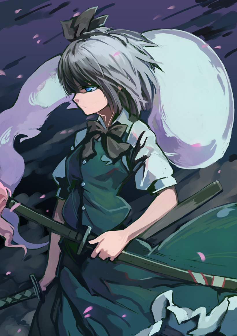 blue_eyes ghost hairband katana konpaku_youmu konpaku_youmu_(ghost) ryuutetsu short_hair silver_hair solo sword touhou weapon