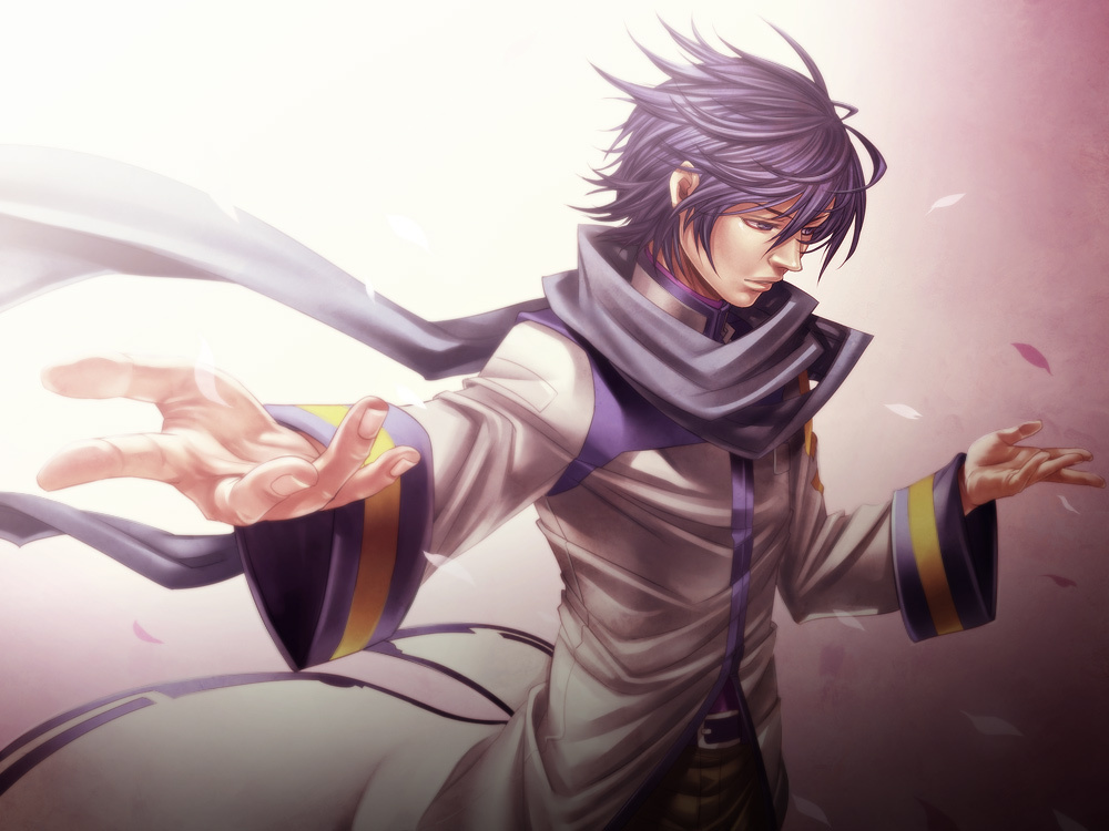 blue_eyes blue_hair kaito male_focus petals scarf solo uniuni vocaloid wind