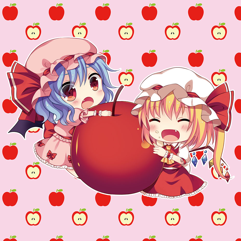 :d :o ^_^ apple apple_core ascot bat_wings blouse blush chibi climbing closed_eyes eating fang flandre_scarlet food food_on_face fruit hat looking_at_viewer minigirl mob_cap multiple_girls open_mouth remilia_scarlet short_hair skirt skirt_set smile swami touhou vest wings