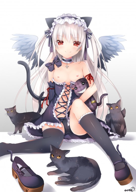 1girl black_legwear breasts cat_ears cat_tail cats duji_amo nipples one_shoe_off original red_eyes simple_background sitting smile tagme thighhighs white_hair wings