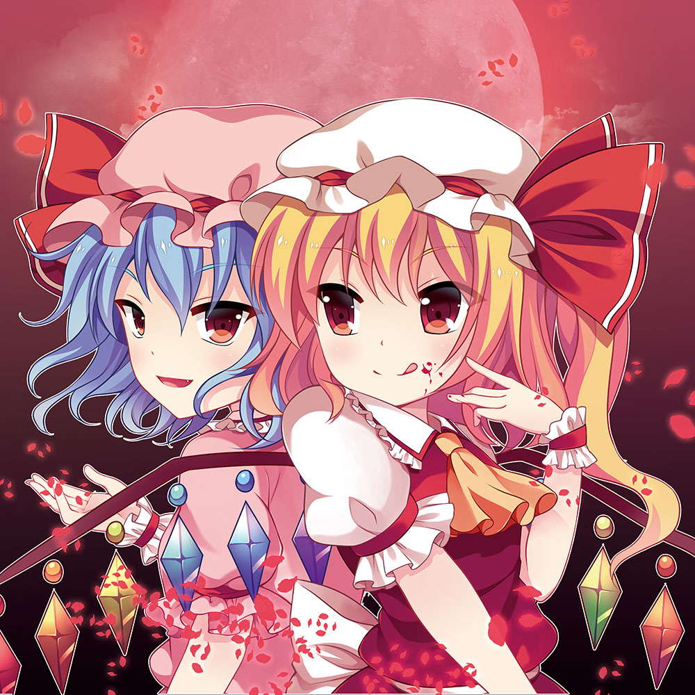 ascot blonde_hair blood blood_on_face blue_hair dress fang flandre_scarlet frilled_shirt_collar frills hat licking_lips looking_at_viewer mob_cap moon multiple_girls petals puffy_short_sleeves puffy_sleeves red_eyes red_moon remilia_scarlet short_hair short_sleeves siblings side_ponytail sisters swami tongue tongue_out touhou tsurime wings