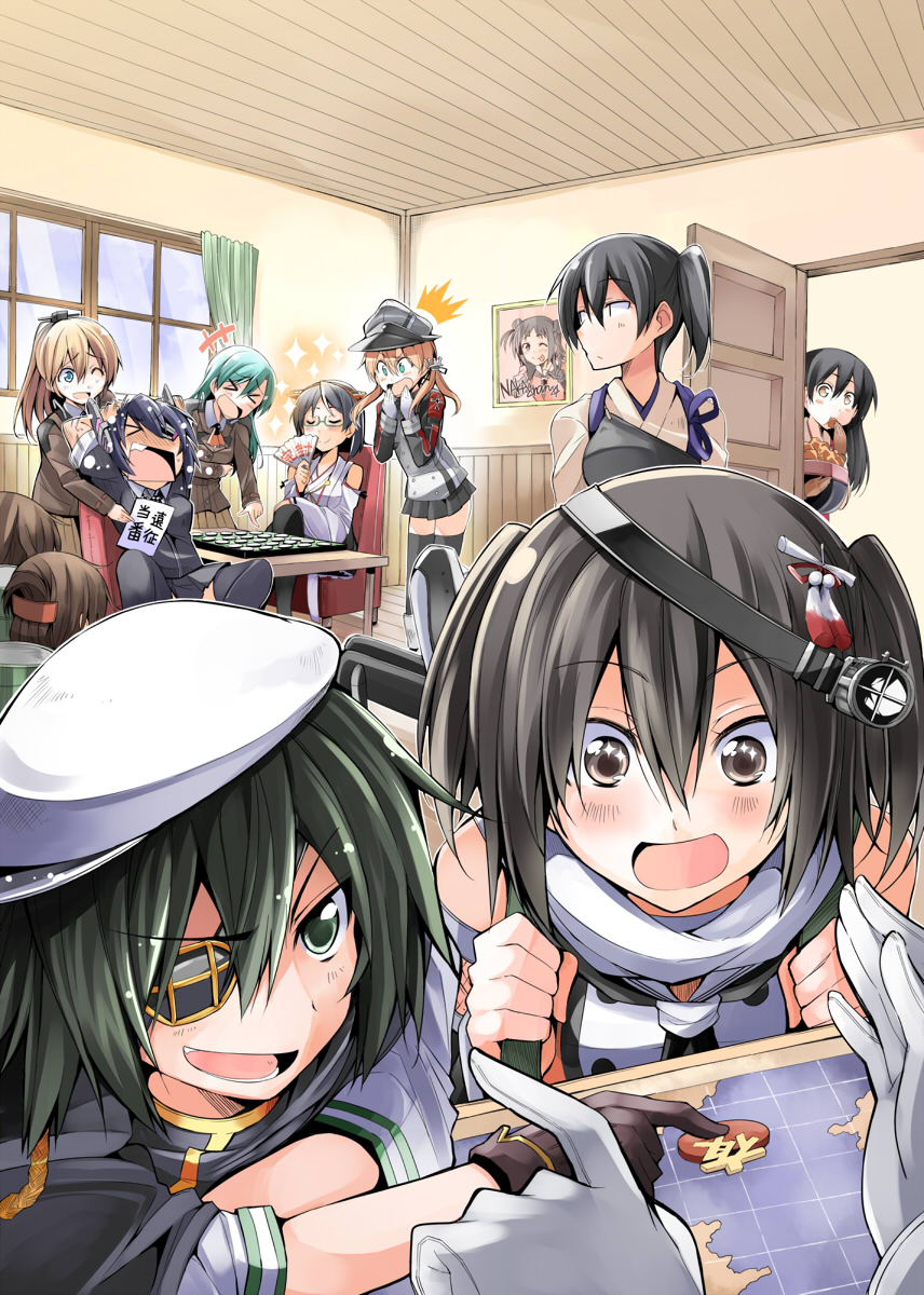 &gt;_&lt; /\/\/\ 6+girls :d ;d ;p ^_^ admiral_(kantai_collection) akagi_(kantai_collection) anchor_hair_ornament ascot bibi black_eyes black_hair black_legwear blonde_hair blue_eyes blush brown_eyes brown_gloves brown_hair cape closed_eyes crossed_arms detached_sleeves double_bun eating eyepatch glasses gloves hair_ornament hairband hakama hat highres ikazuchi_(kantai_collection) inazuma_(kantai_collection) japanese_clothes kaga_(kantai_collection) kantai_collection kirishima_(kantai_collection) kiso_(kantai_collection) kumano_(kantai_collection) long_hair map multiple_girls muneate naka_(kantai_collection) nontraditional_miko one_eye_closed open_mouth out_of_frame peaked_cap peeking_out photo_(object) pleated_skirt ponytail prinz_eugen_(kantai_collection) purple_hair remodel_(kantai_collection) scarf school_uniform sendai_(kantai_collection) serafuku short_hair skirt smile sparkle suzuya_(kantai_collection) tasuki tenryuu_(kantai_collection) thighhighs tongue tongue_out translated twintails two_side_up v-shaped_eyebrows white_gloves xd zettai_ryouiki