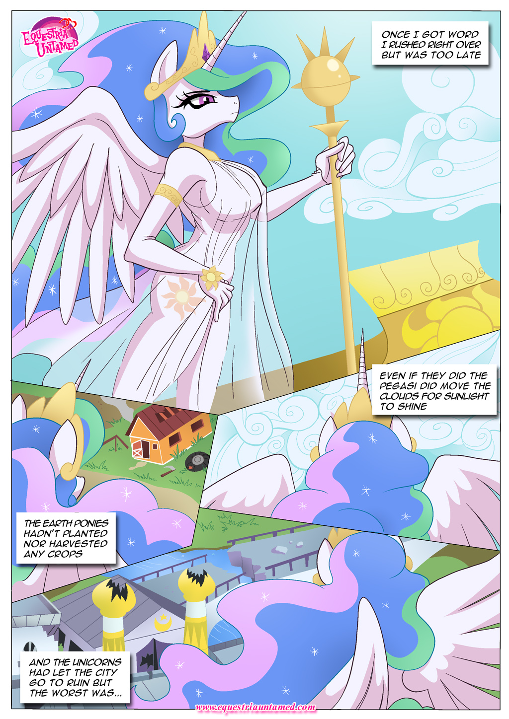 2015 anthro anthrofied bbmbbf big_breasts bird's-eyes_view bracelet breasts bridge broken cane chariot clothed clothing cloudscape comic crown cutie_mark dialogue english_text equestria_untamed equine feathers female friendship_is_magic grass horn house jewelry mammal my_little_pony palcomix princess_celestia_(mlp) purple_eyes river scythe skimpy sky solo spread_wings text tire translucent winged_unicorn wings