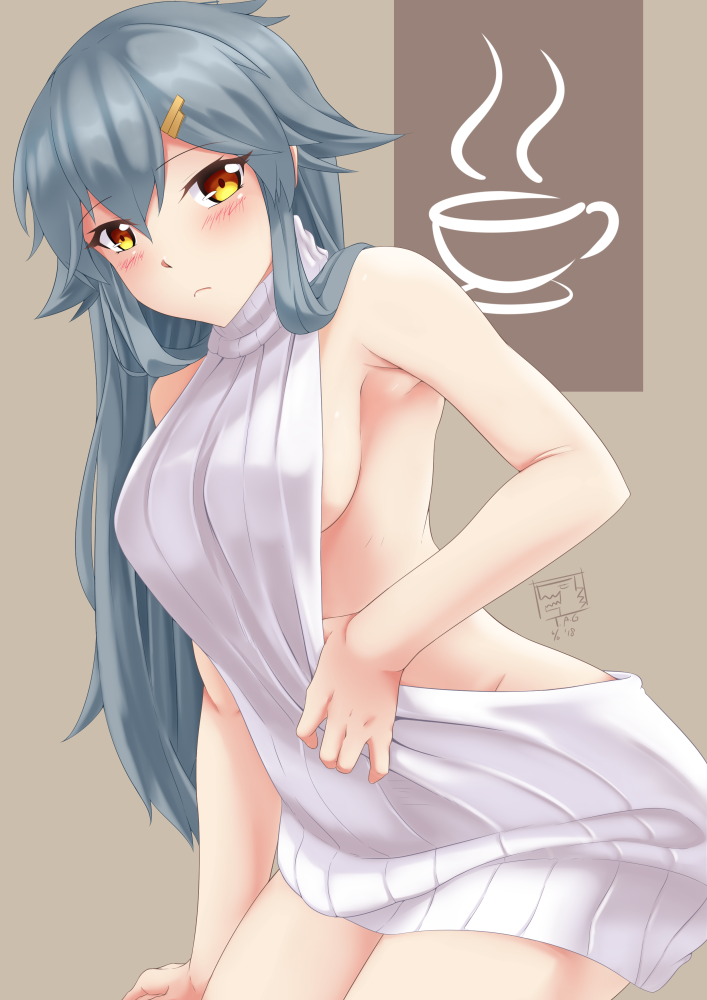 1girl arm_support armpits blush breasts brown_eyes grey_hair groin hips long_hair looking_at_viewer medium_breasts meme_attire no_bra original sideboob sidelocks solo sweater tan_background thealagator thighs turtleneck virgin_killer_sweater